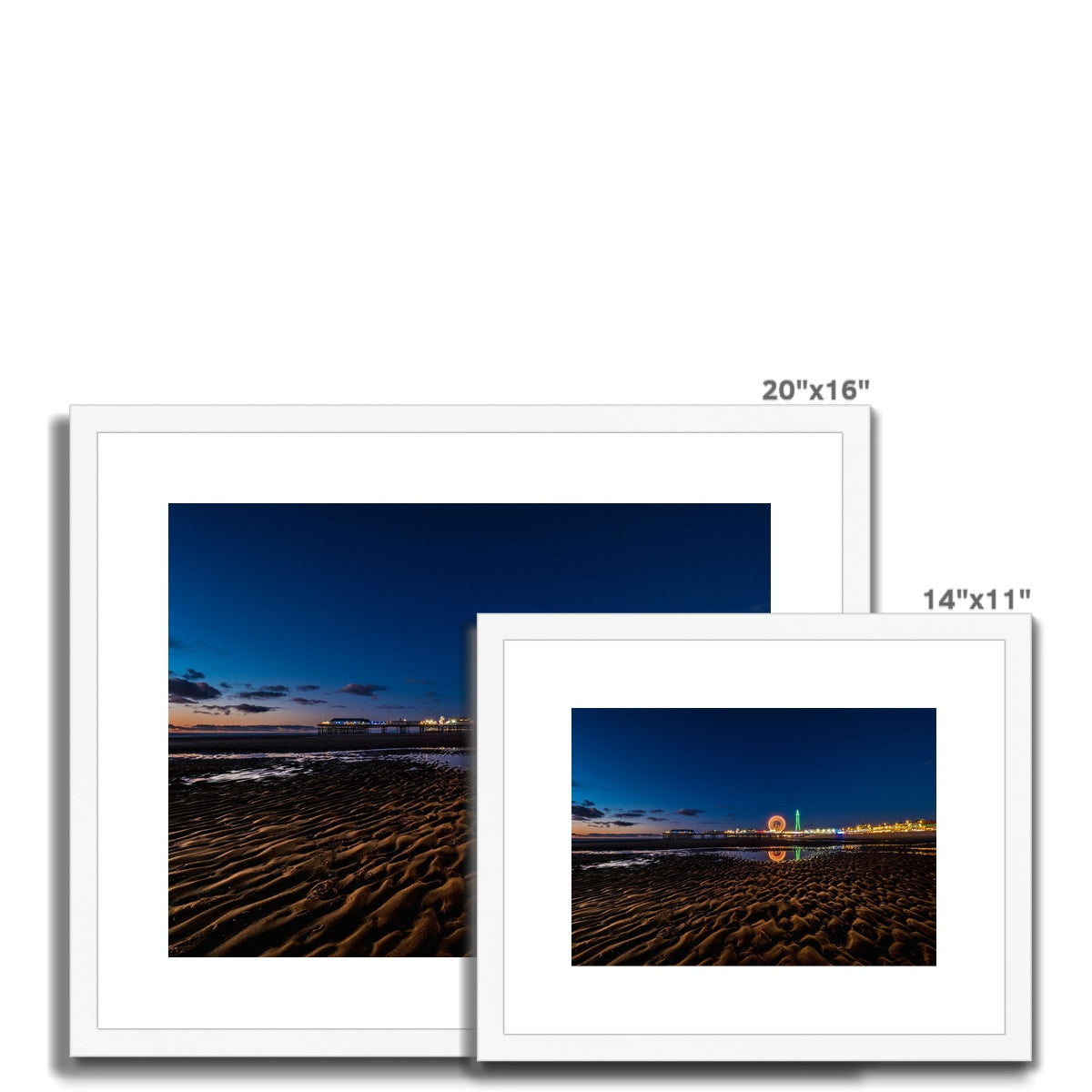 Blackpool Tower and Central Pier with reflection of illuminations Framed & Mounted Print