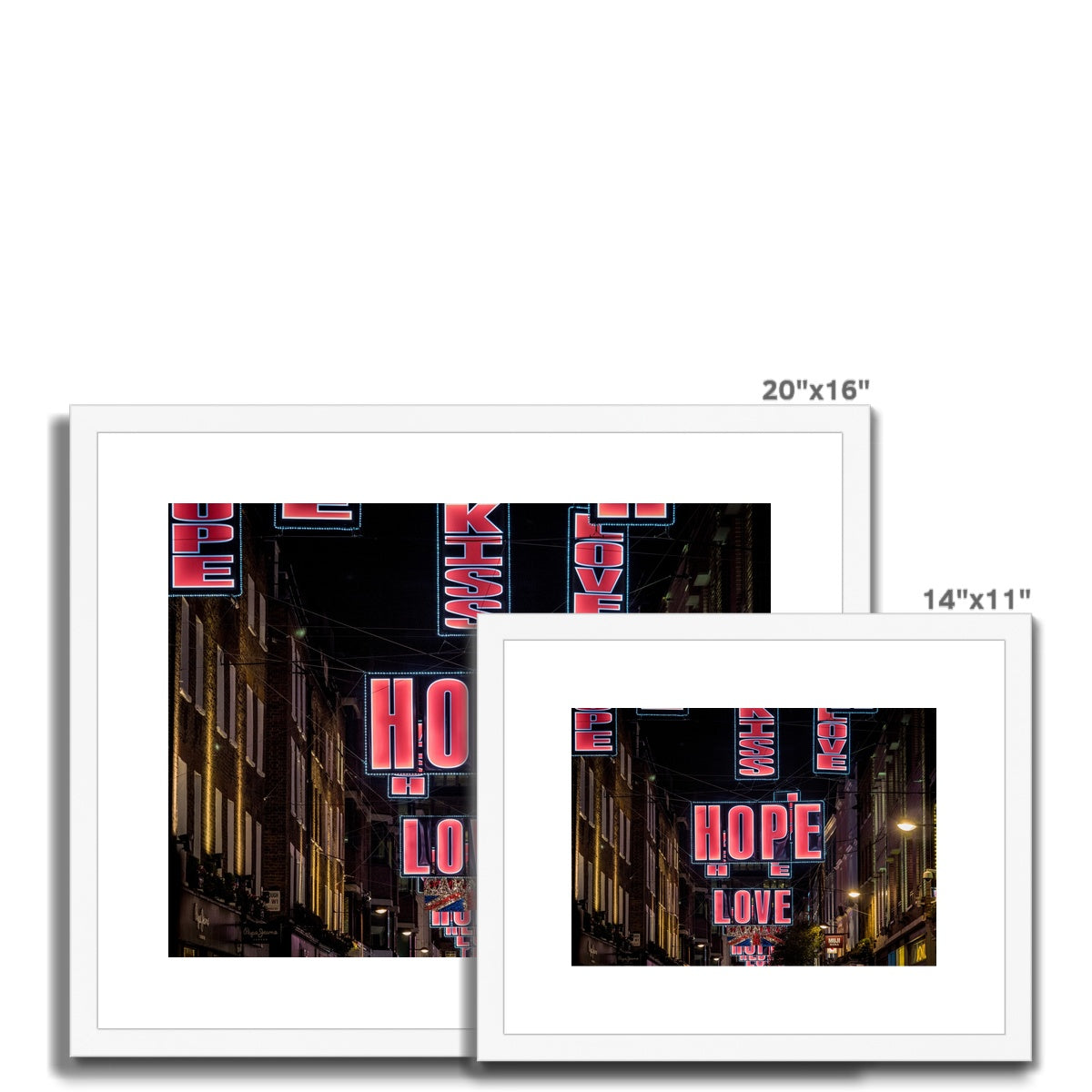 Hope and Love Christmas illuminations in Carnaby Street, London, UK. Framed & Mounted Print