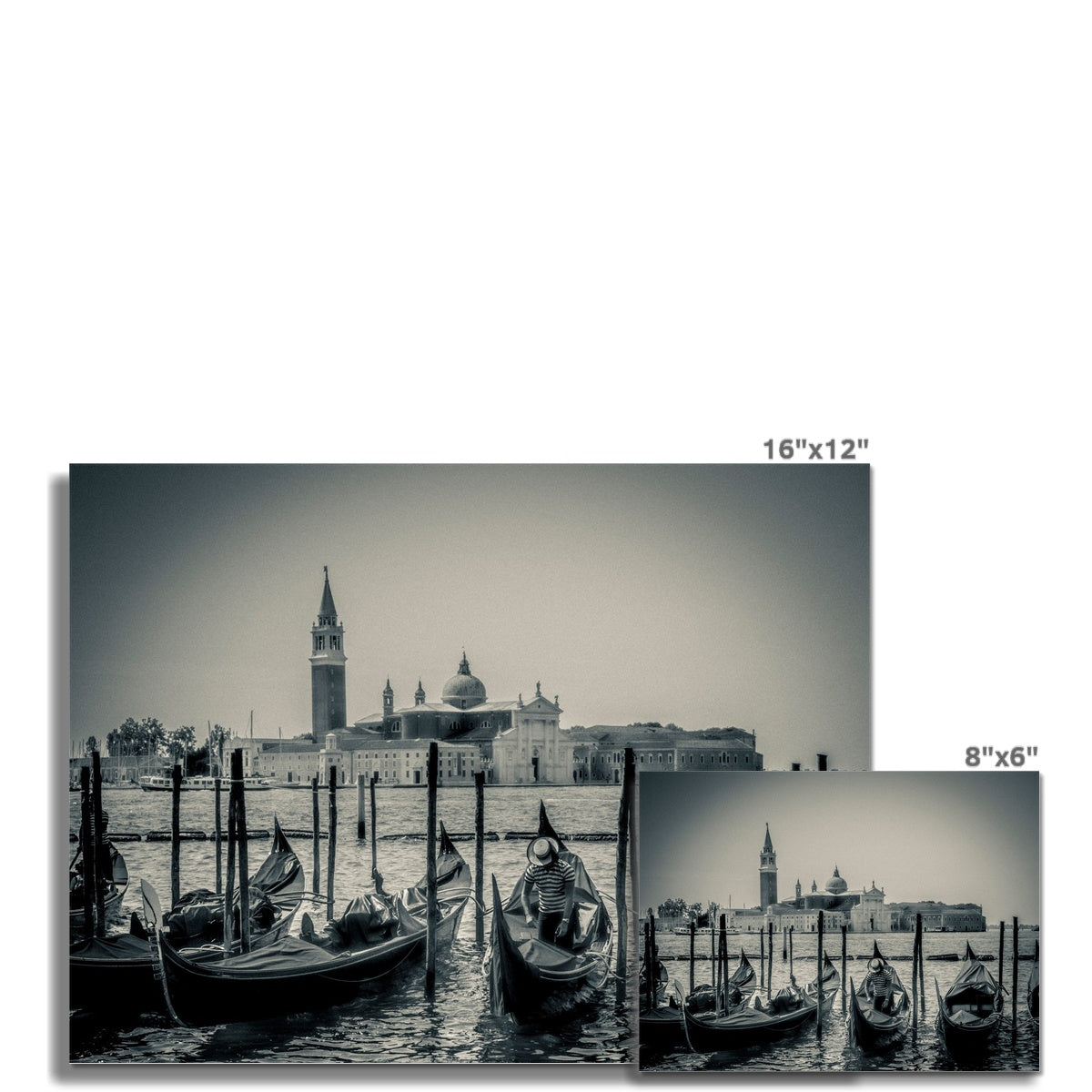 Gondolas moored in St Mark's Basin with San Giorgio Maggiore in the background. Venice, Italy. Fine Art Print