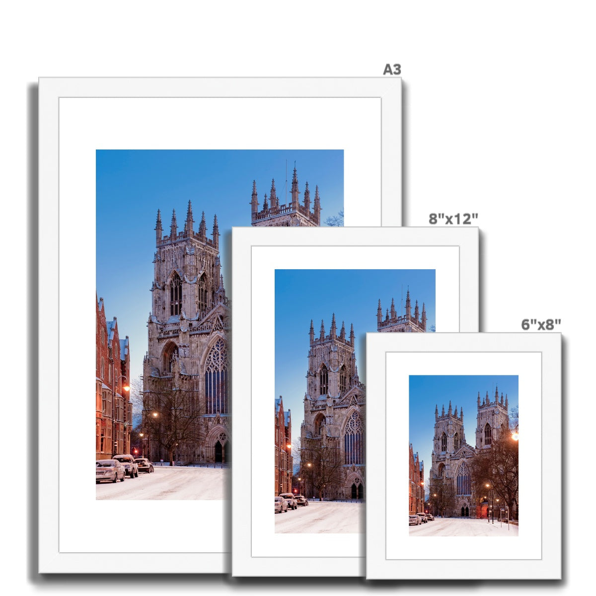 West front of York Minster and Duncombe Place in the snow, York, UK. Framed & Mounted Print