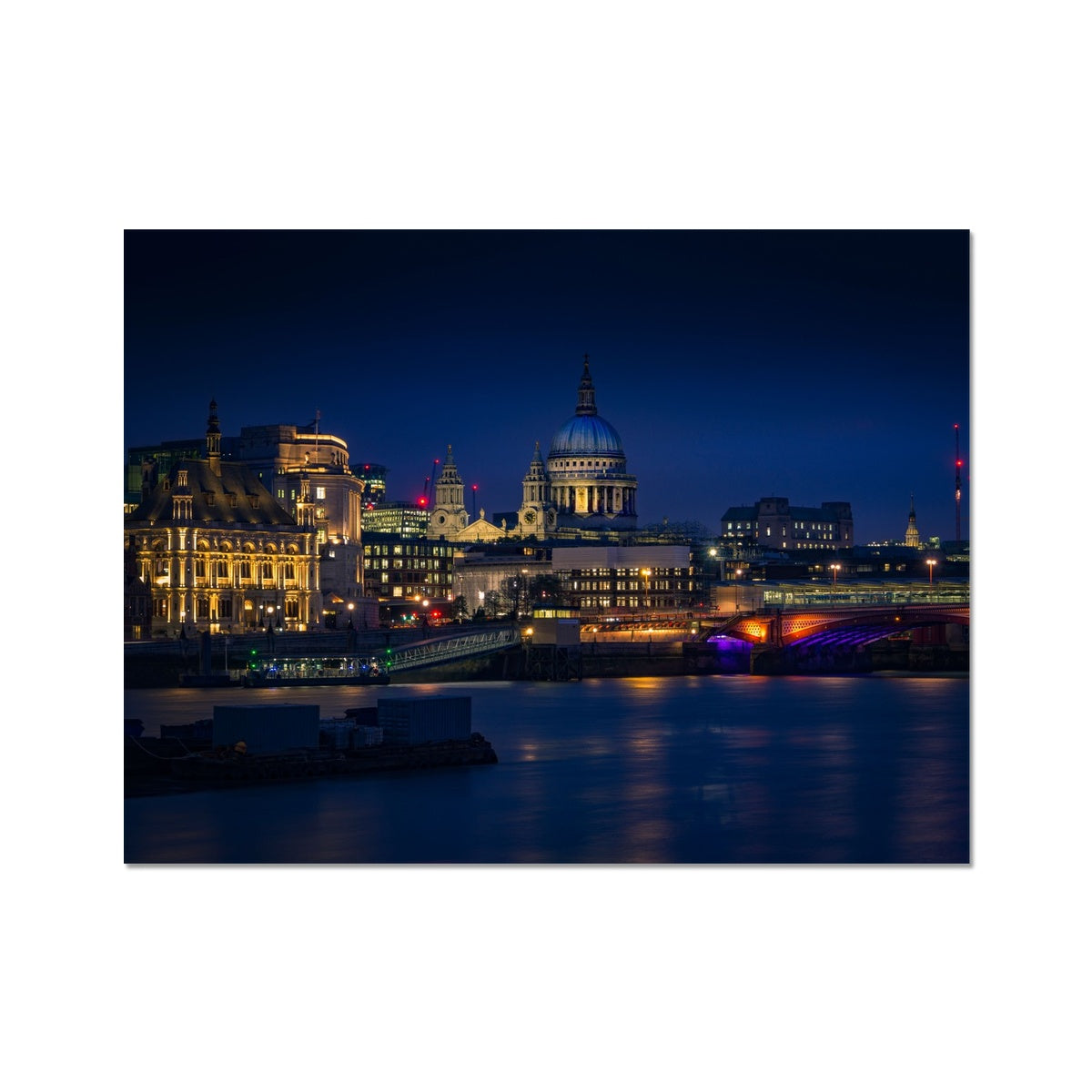 St Pauls Cathedral, Blackfriars Bridge, River Thames and London skyline at dusk. Fine Art Print