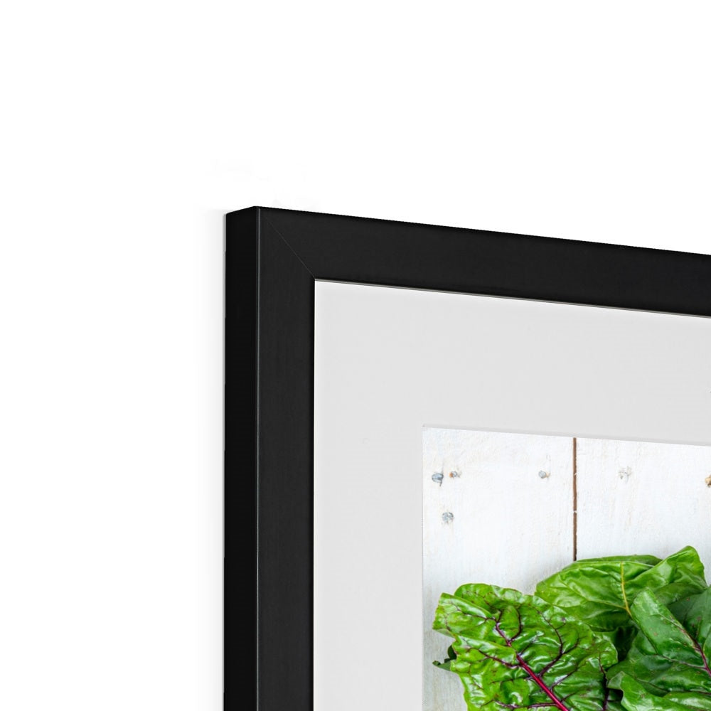 Flat lay of fresh fruit and vegetables on a modern rustic background Framed & Mounted Print