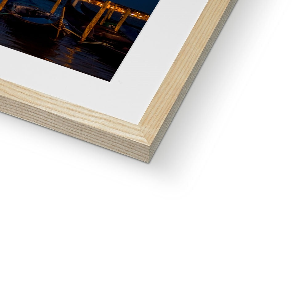 Gondolas moored in St Mark's Basin with San Giorgio Maggiore in the background at night, Venice, Italy. Framed & Mounted Print