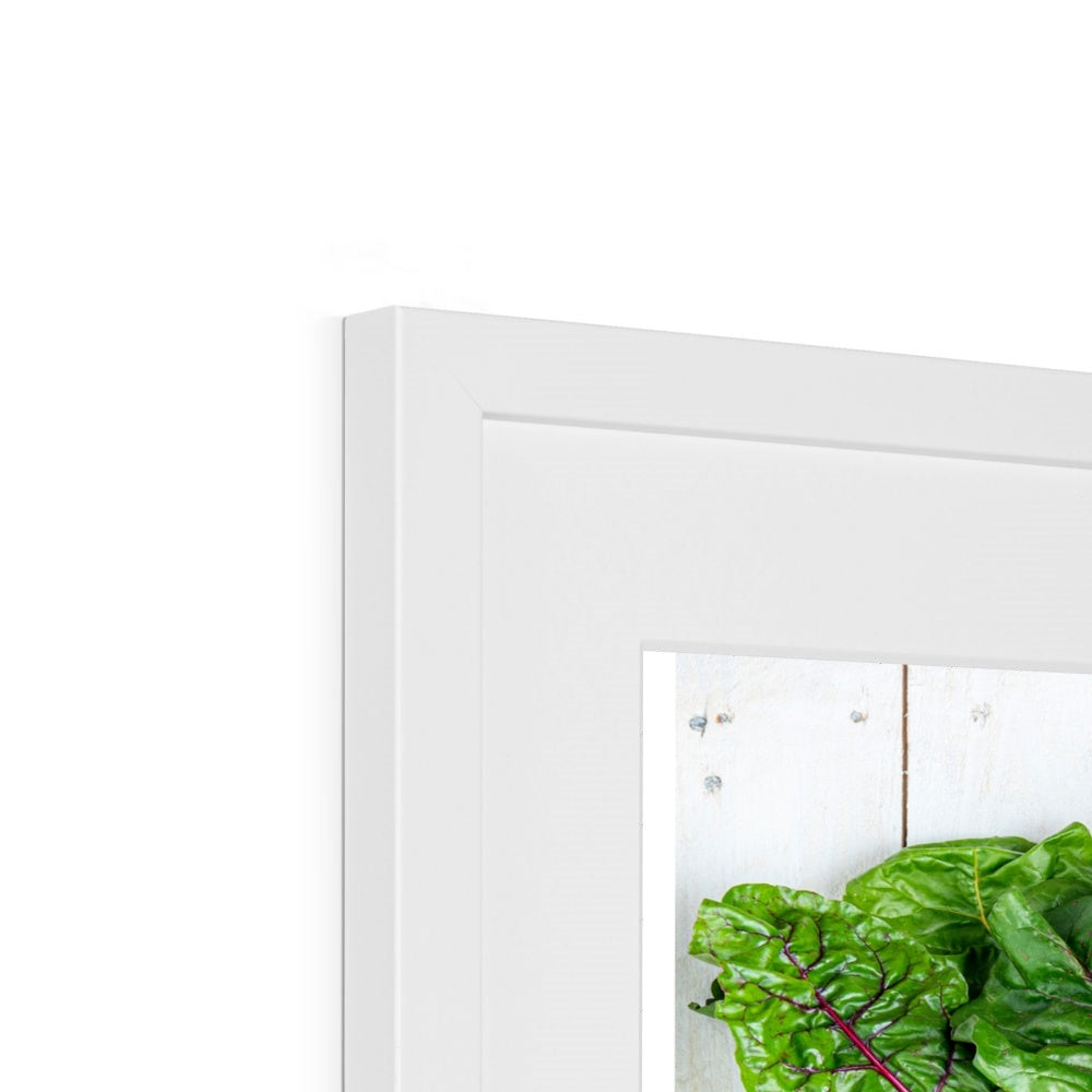 Flat lay of fresh fruit and vegetables on a modern rustic background Framed & Mounted Print