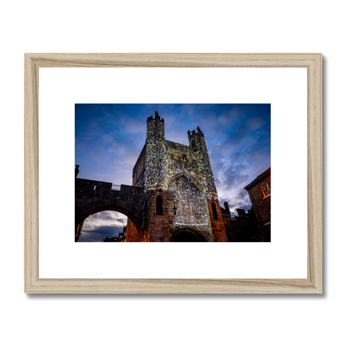 Monk Bar with illuminated Light Curtain for Christmas, York, UK. Framed & Mounted Print