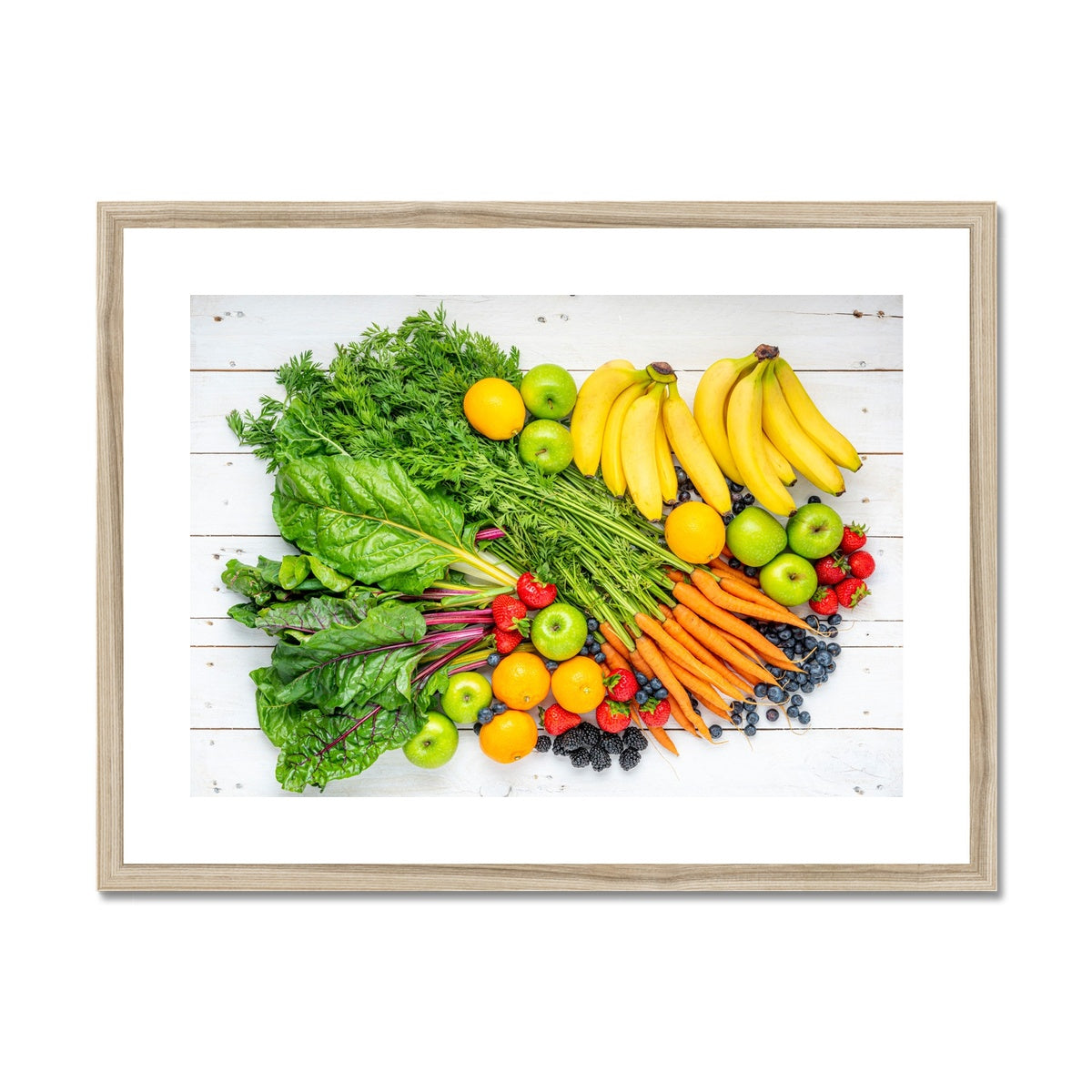 Assortment of fresh fruit and vegetables on white wooden boards. Framed & Mounted Print