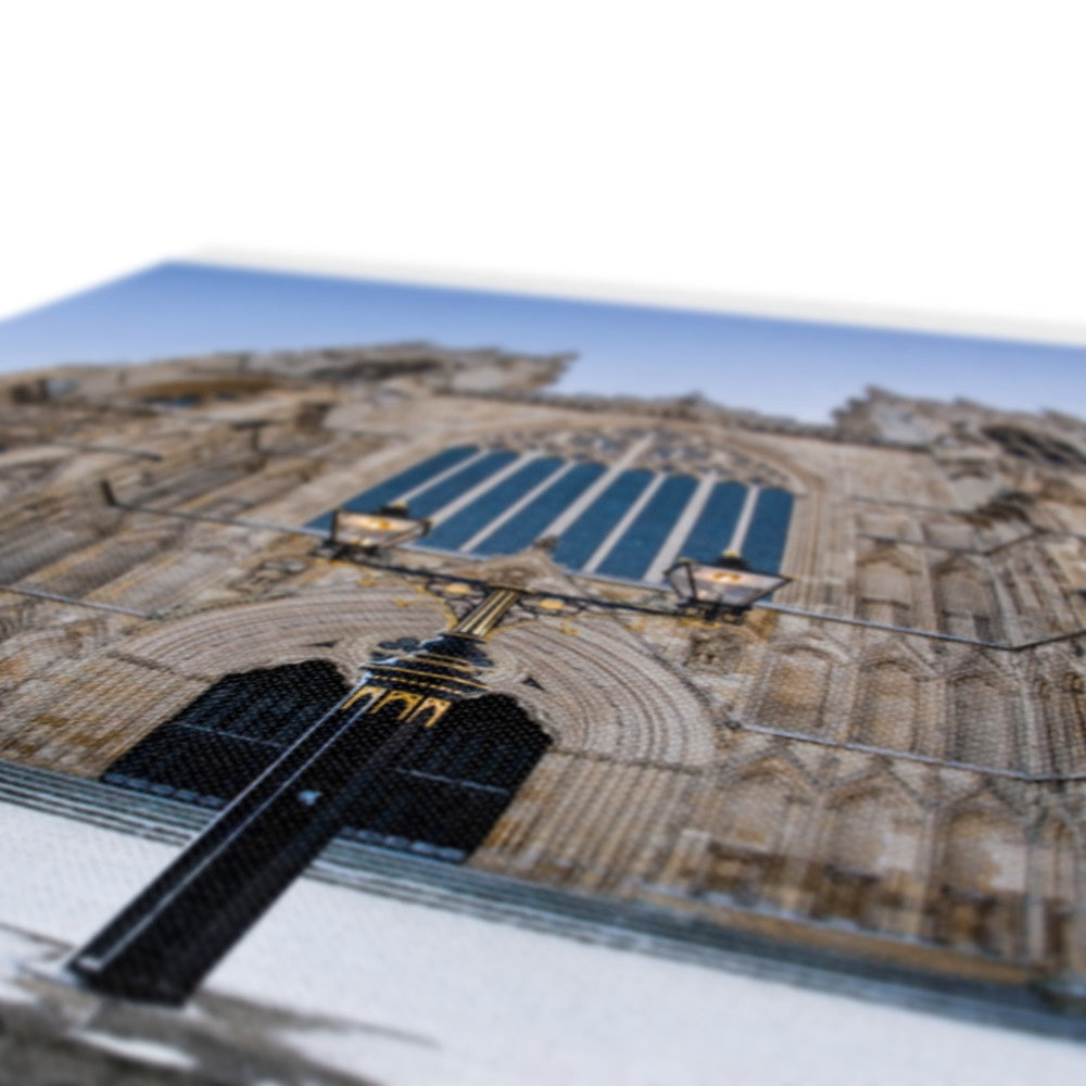 Fish eye shot of the West front of York Minster in snow Canvas