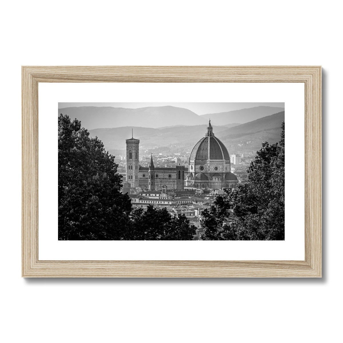 The south façade of Florence Cathedral glimpsed through the trees of San Miniato al Monte. Italy.  Framed & Mounted Print