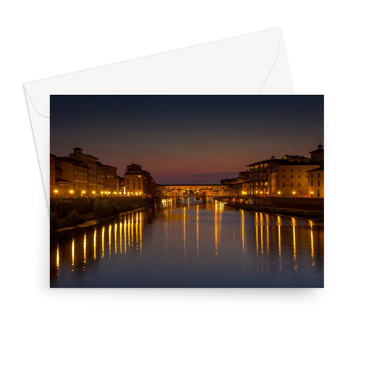 Ponte Vecchio at sunset and the river Arno. Florence, Italy. Greeting Card