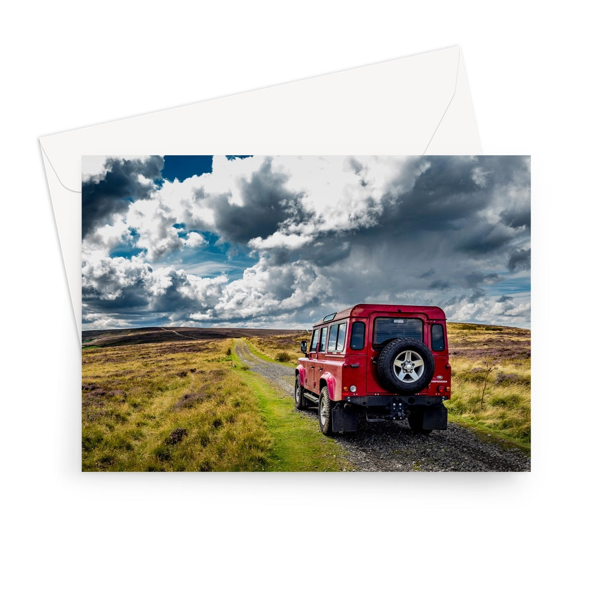 Red Land Rover Defender 110 4WD car navigating a Green Lane track, North Yorkshire Moors, UK. Greeting Card