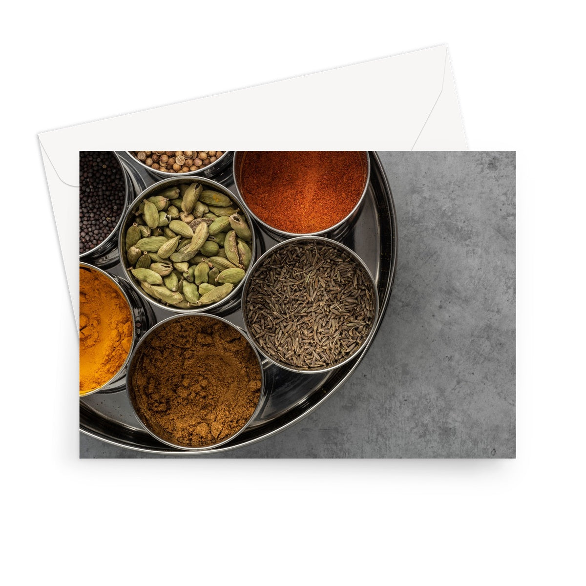 Flat lay of an spice tin (masala dabba)  Greeting Card