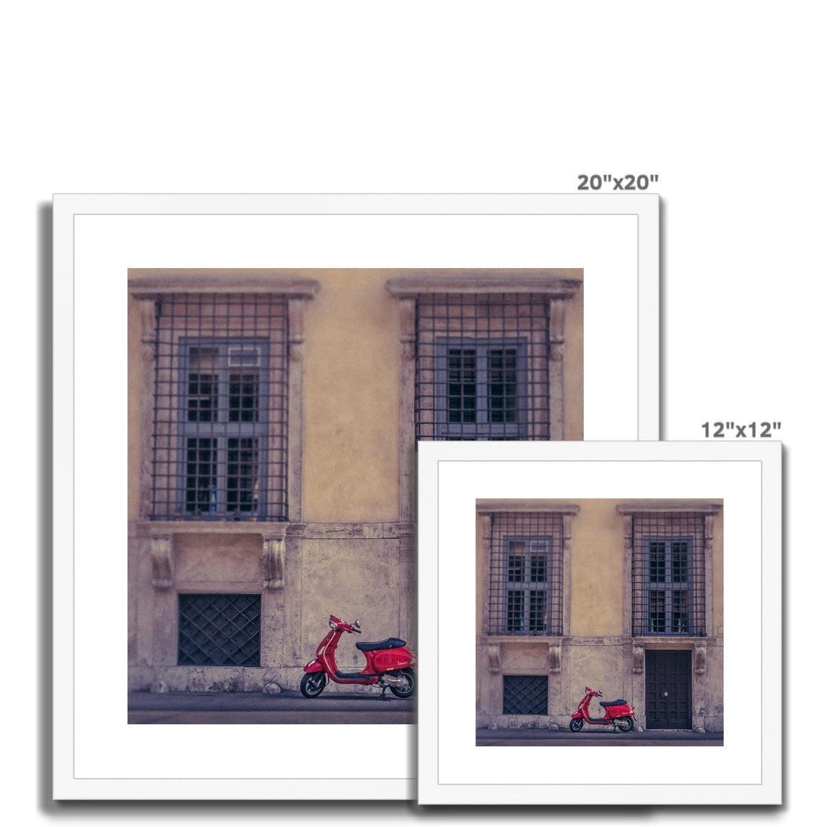 Red scooter parked outside a building in Rome, Italy. Framed & Mounted Print