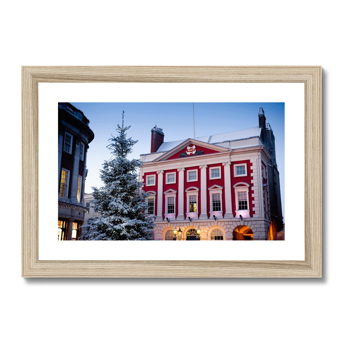 York Mansion House and Christmas tree in the snow, York, UK. Framed & Mounted Print