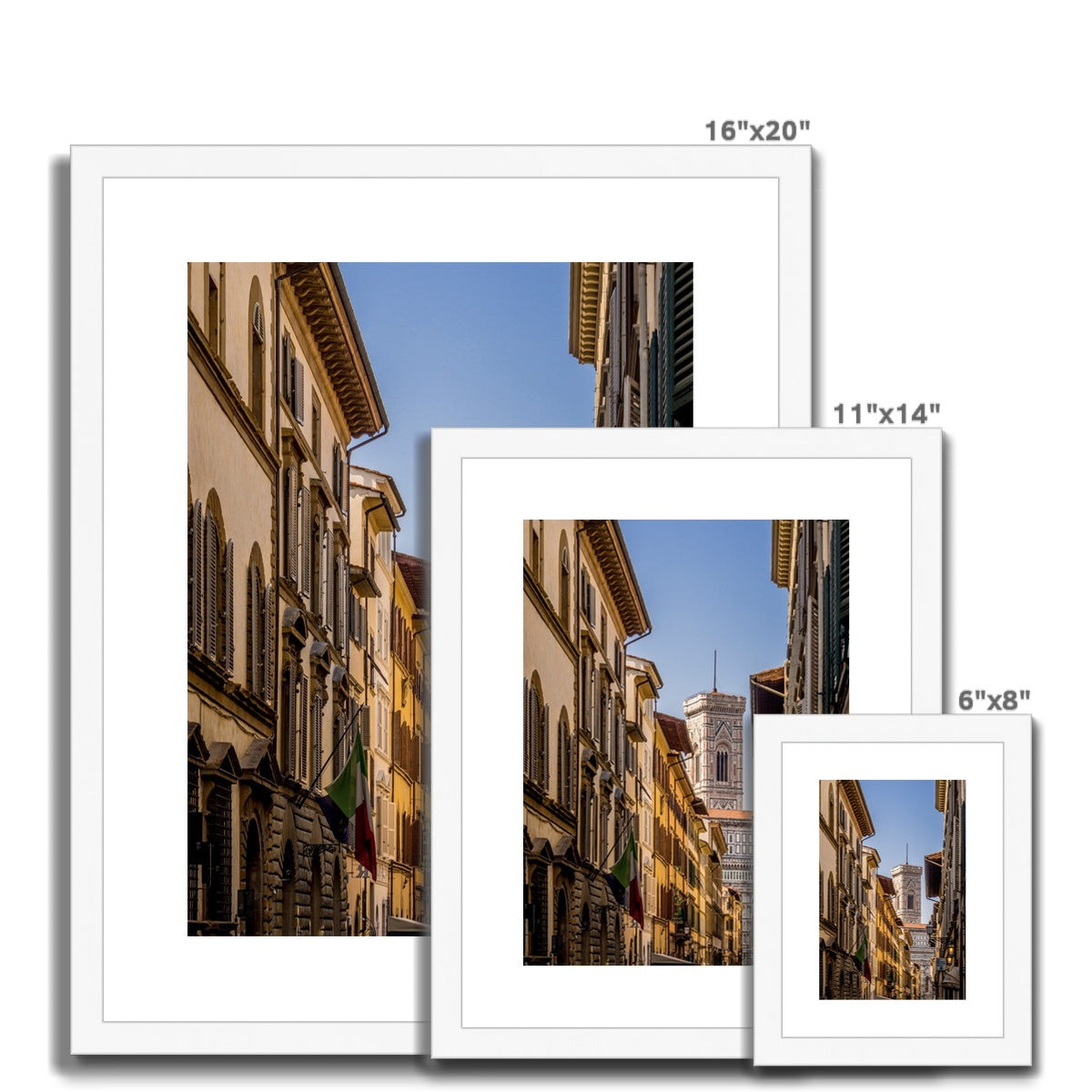 Giotto's Campanile glimpsed between buildings in the city of Florence, Italy. Framed & Mounted Print