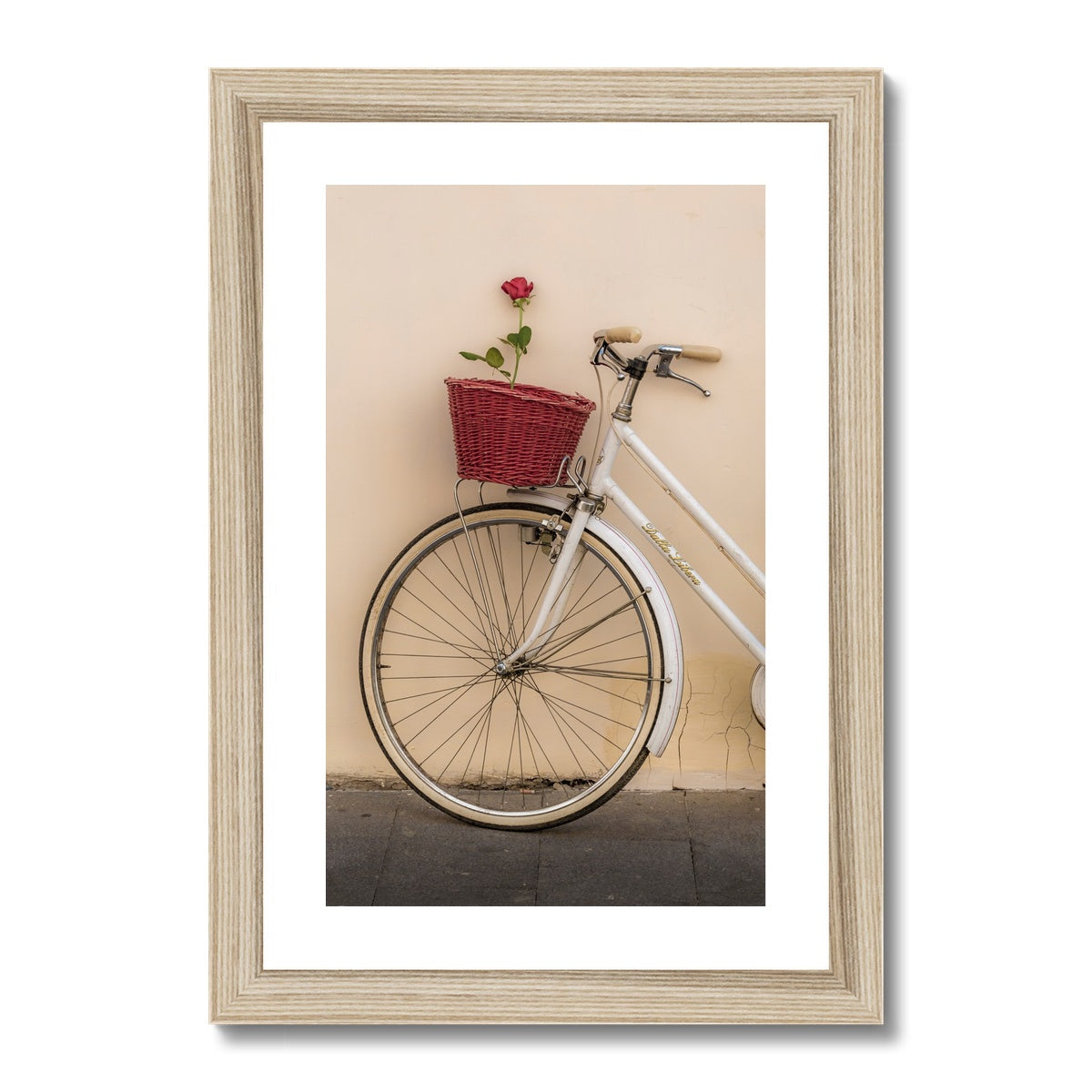 White bicycle parked against a  rendered wall with a red rose in its basket, Rome, Italy. Framed & Mounted Print