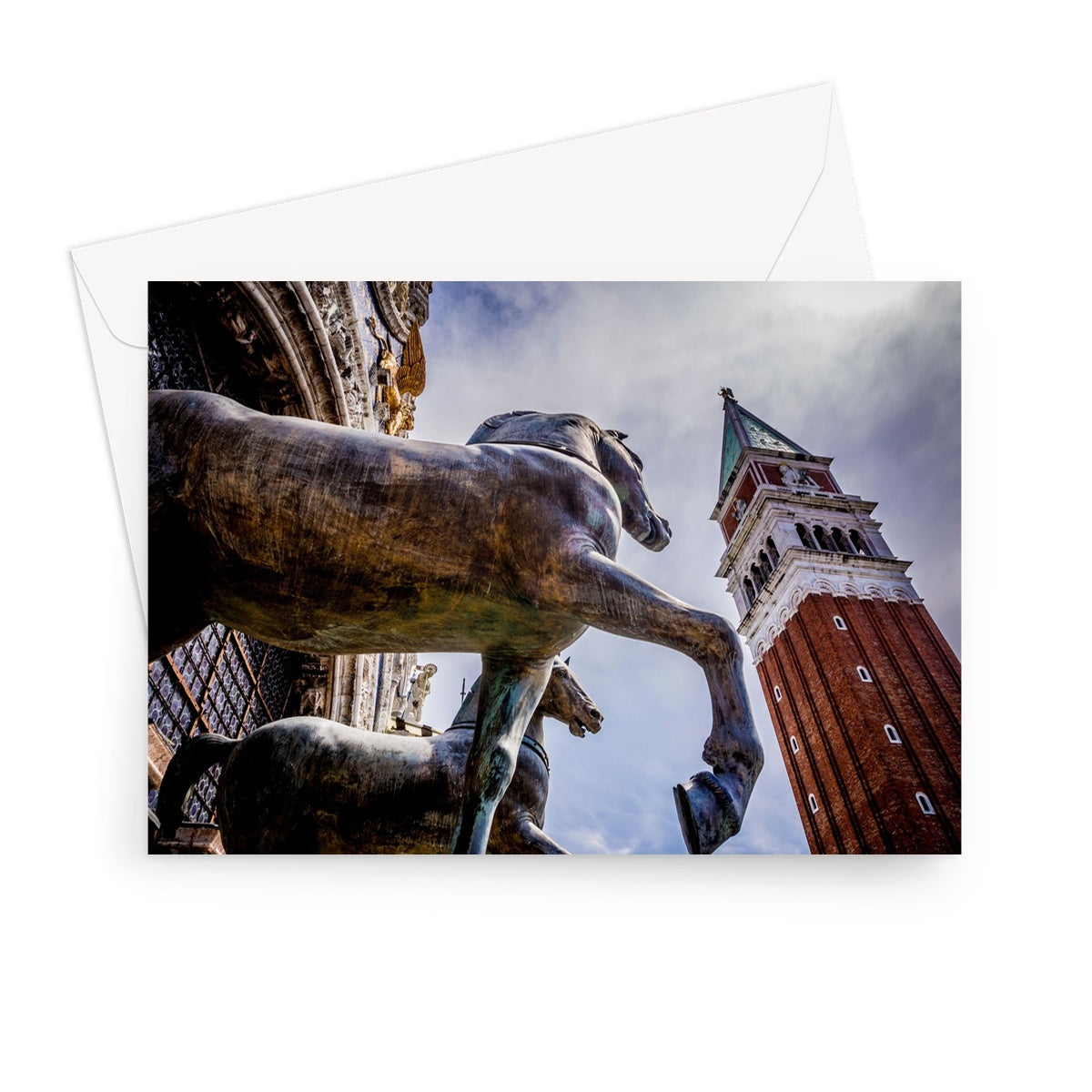 Horses of Saint Mark statues on the balcony of St Marks's basilica in Venice, Italy. Greeting Card