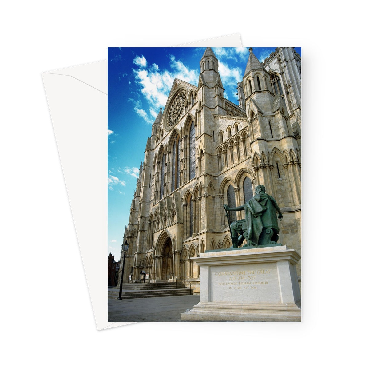 York Minster's South façade with the statue of Constantine in the foreground. North Yorkshire, UK Greeting Card