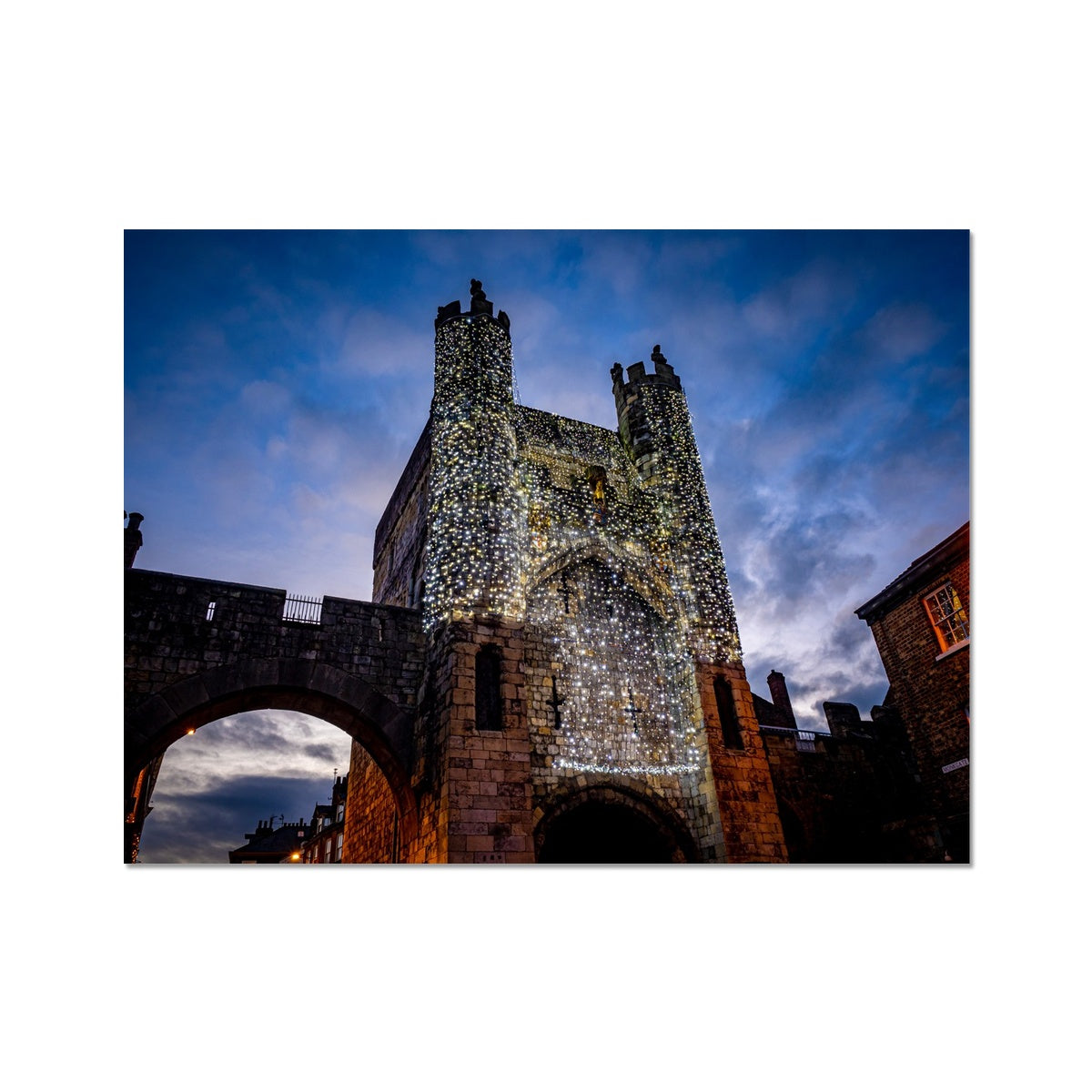 Monk Bar with illuminated Light Curtain for Christmas, York, UK. Fine Art Print
