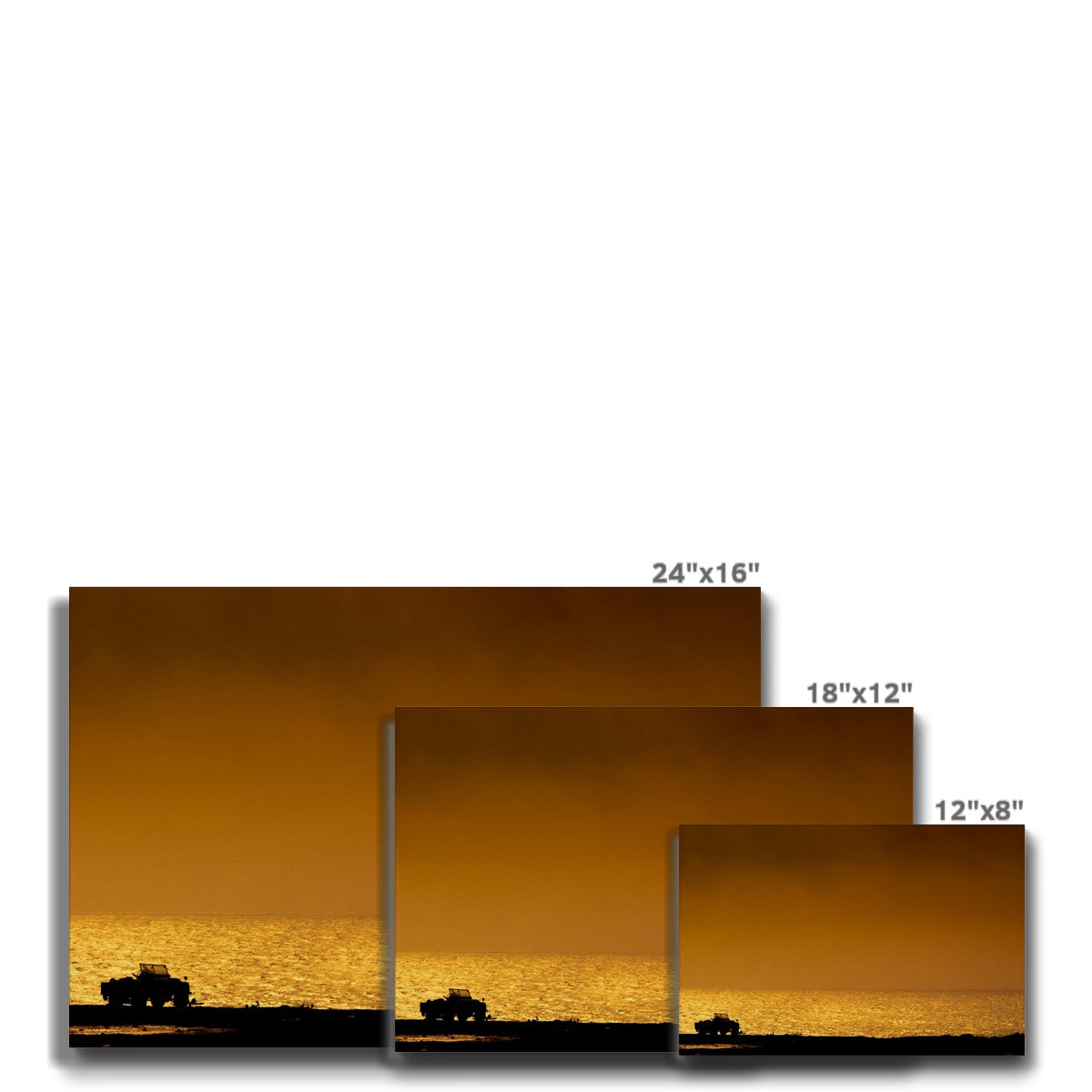 Silhouette of jeep on beach at sunset Canvas