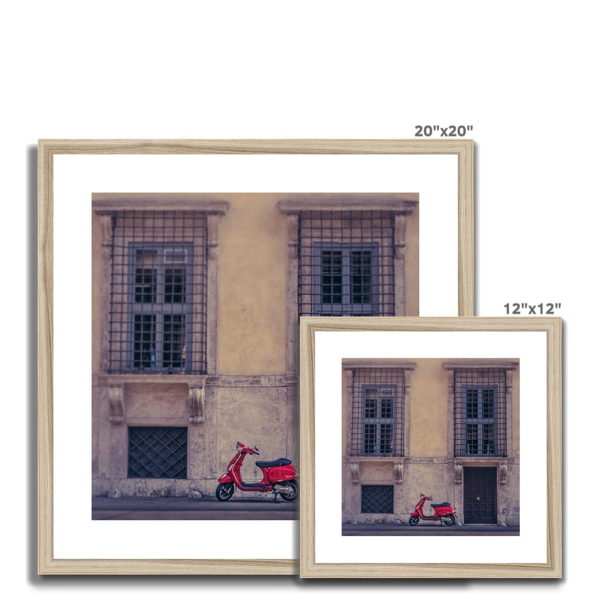 Red scooter parked outside a building in Rome, Italy. Framed & Mounted Print