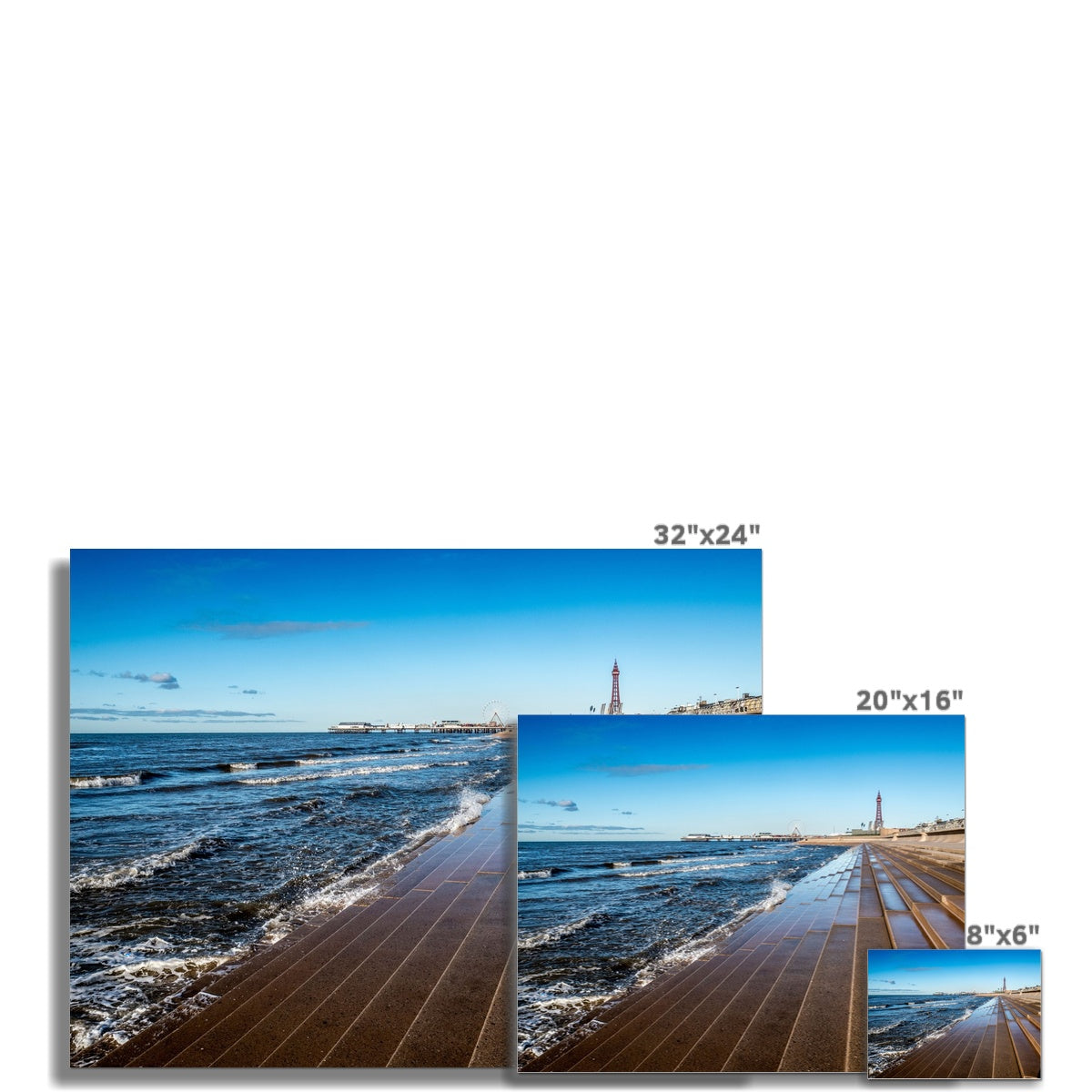 Blackpool's stone stepped sea defences with Blackpool Tower and Central Pier in the distance, Blackpool, UK. Fine Art Print