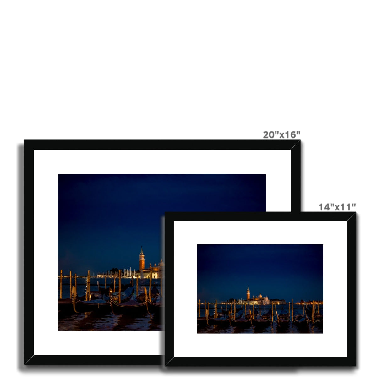 Gondolas moored in St Mark's Basin with San Giorgio Maggiore in the background at night, Venice, Italy. Framed & Mounted Print