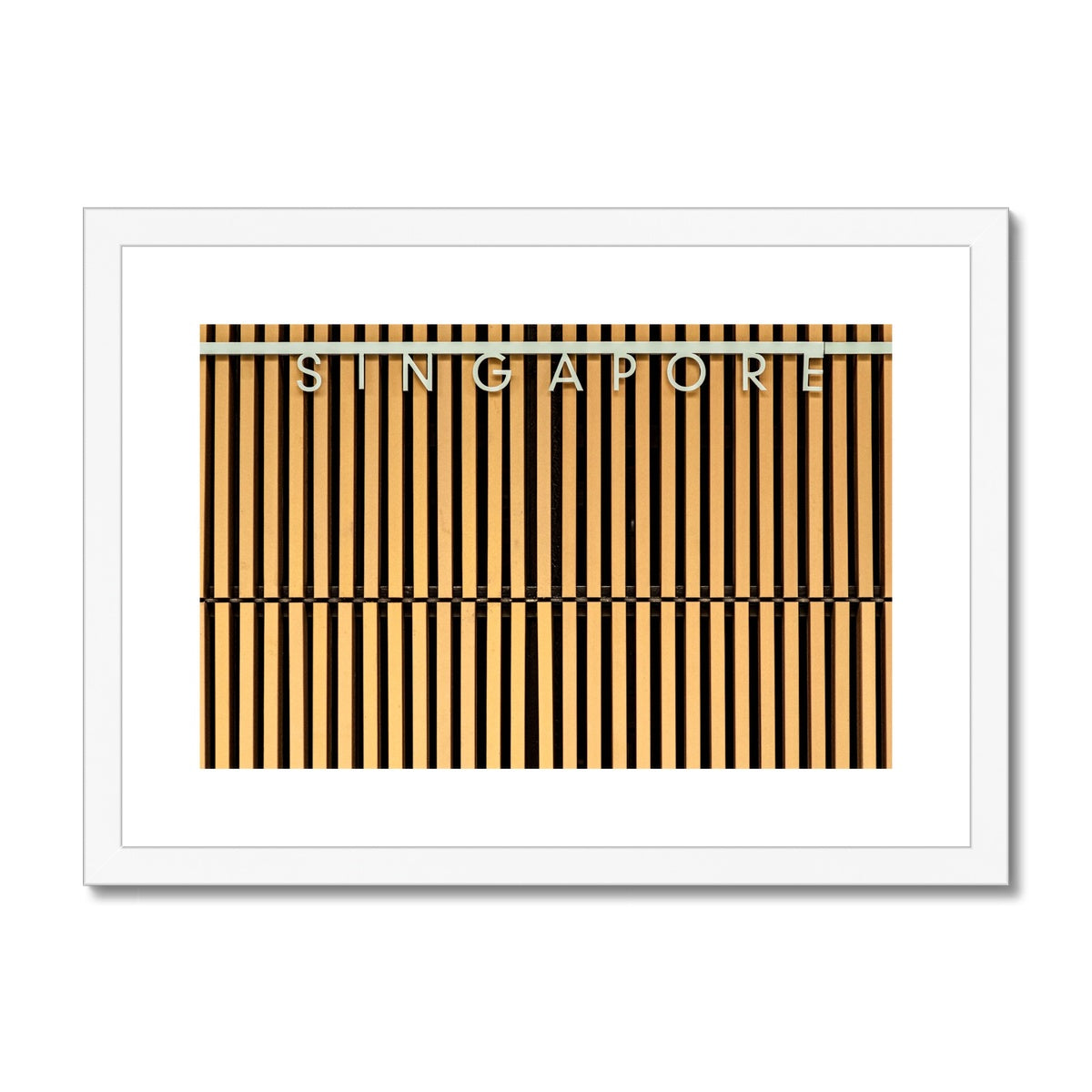 Singapore lettering on a slatted building wall. Framed & Mounted Print
