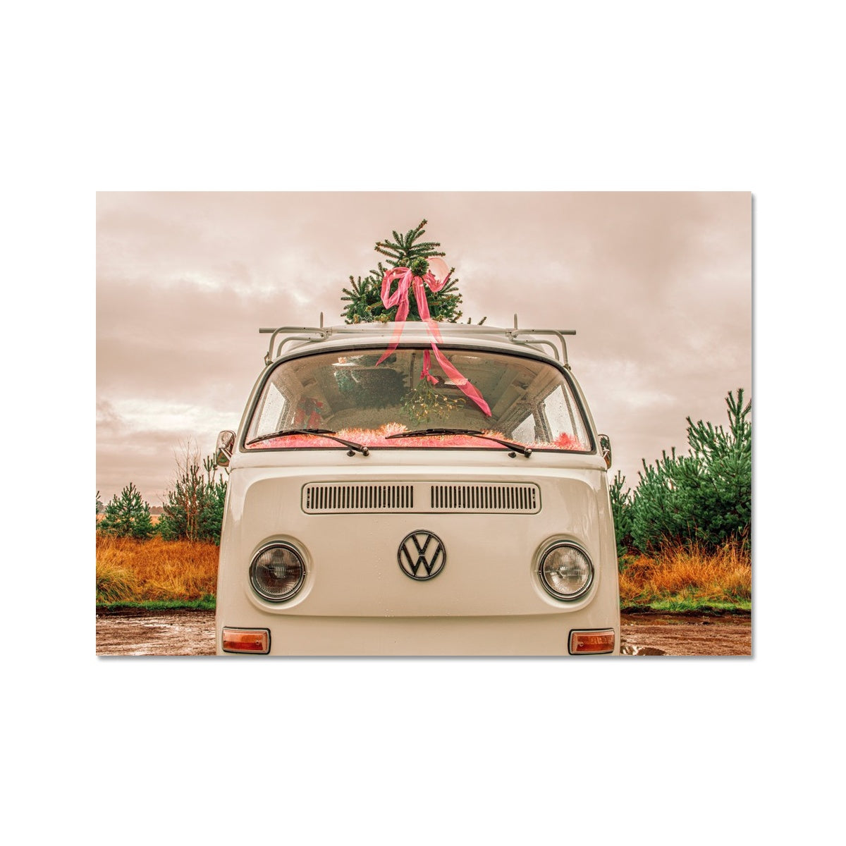 1972 VW Bay Window Campervan parked with with Christmas tree on roof. Fine Art Print