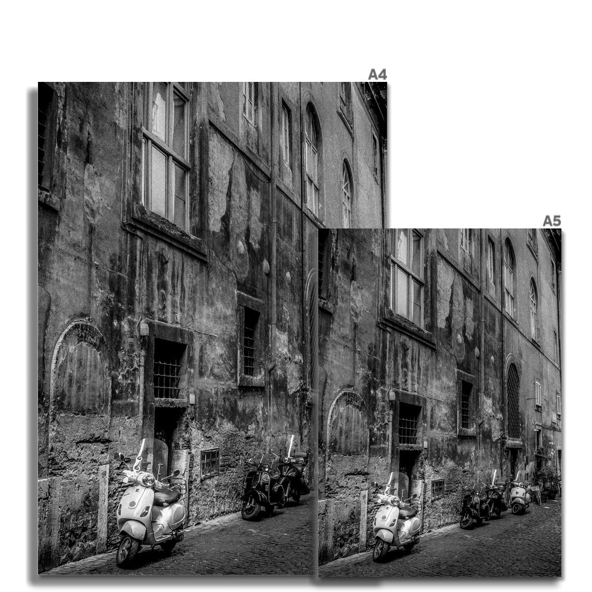 Typical street with parked scooters in the centre of Rome. Italy. Fine Art Print