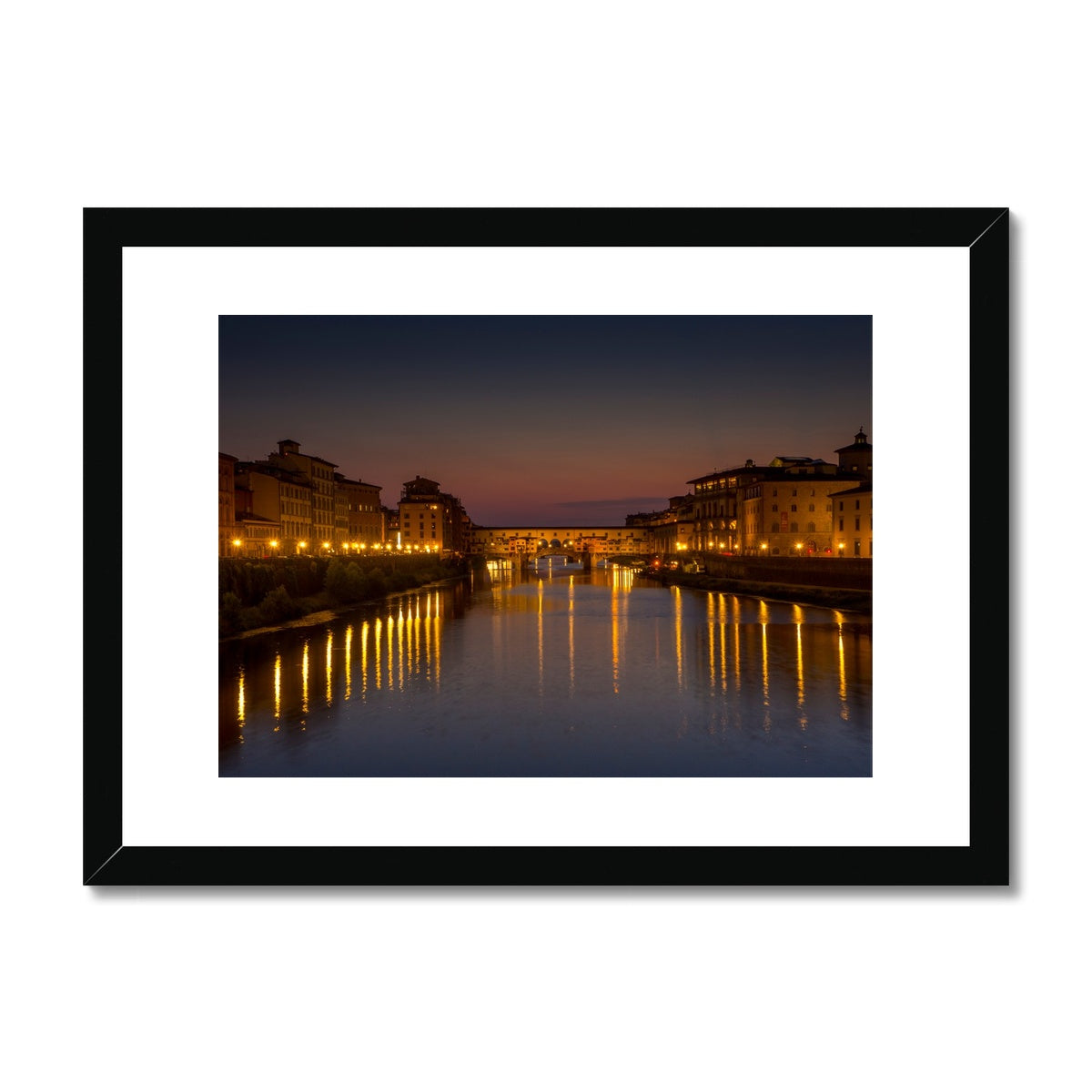 Ponte Vecchio at sunset and the river Arno. Florence, Italy. Framed & Mounted Print