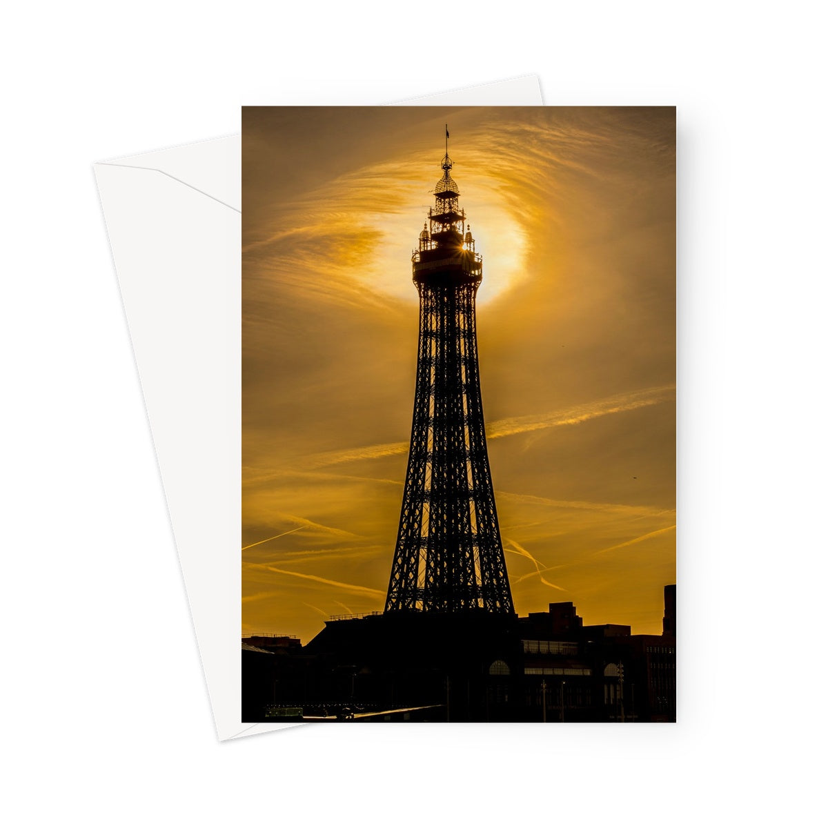 Blackpool Tower silhouetted against morning sunlight. UK. Greeting Card