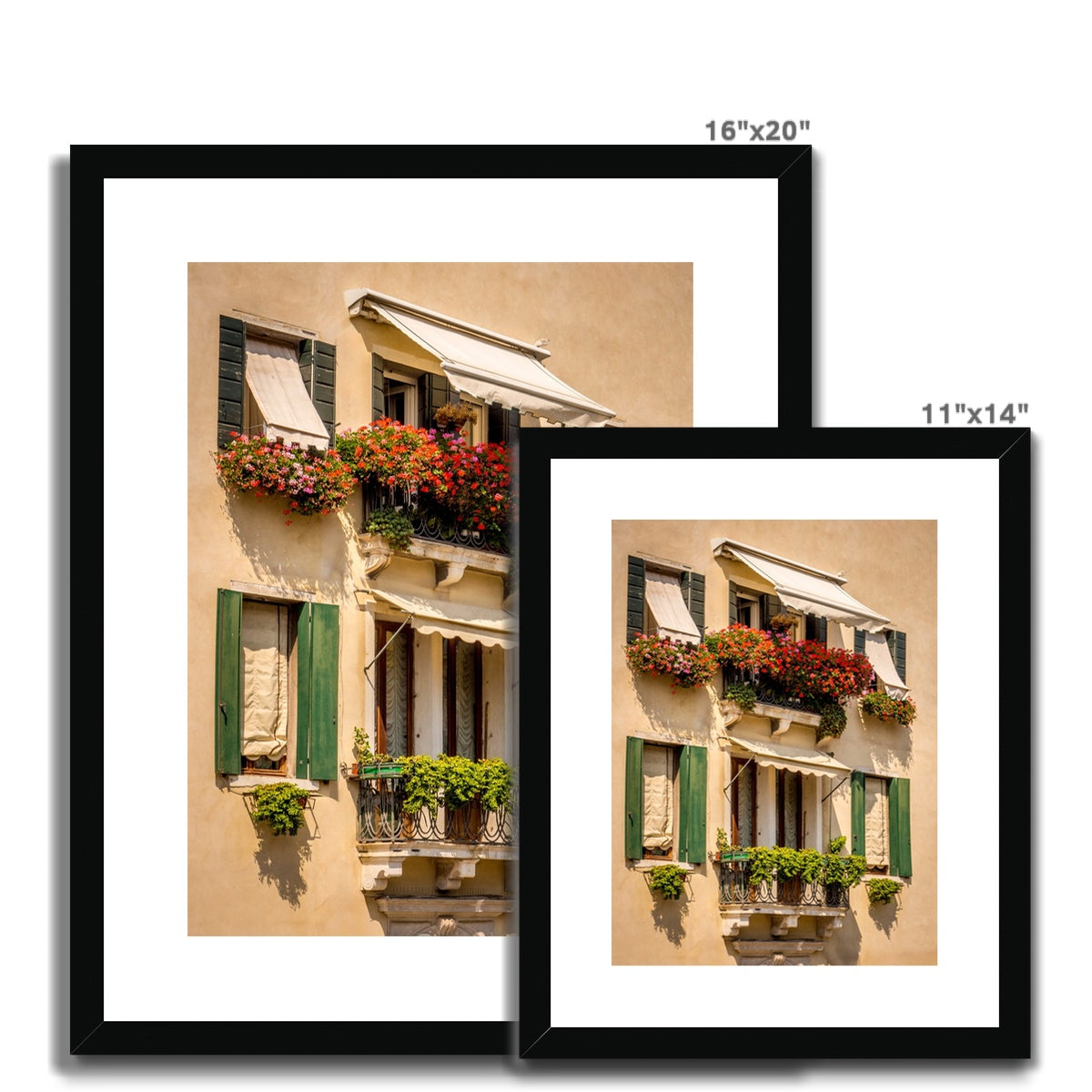 Traditional canal-side cream-rendered house with shuttered windows and window boxes. Venice. Italy. Framed & Mounted Print
