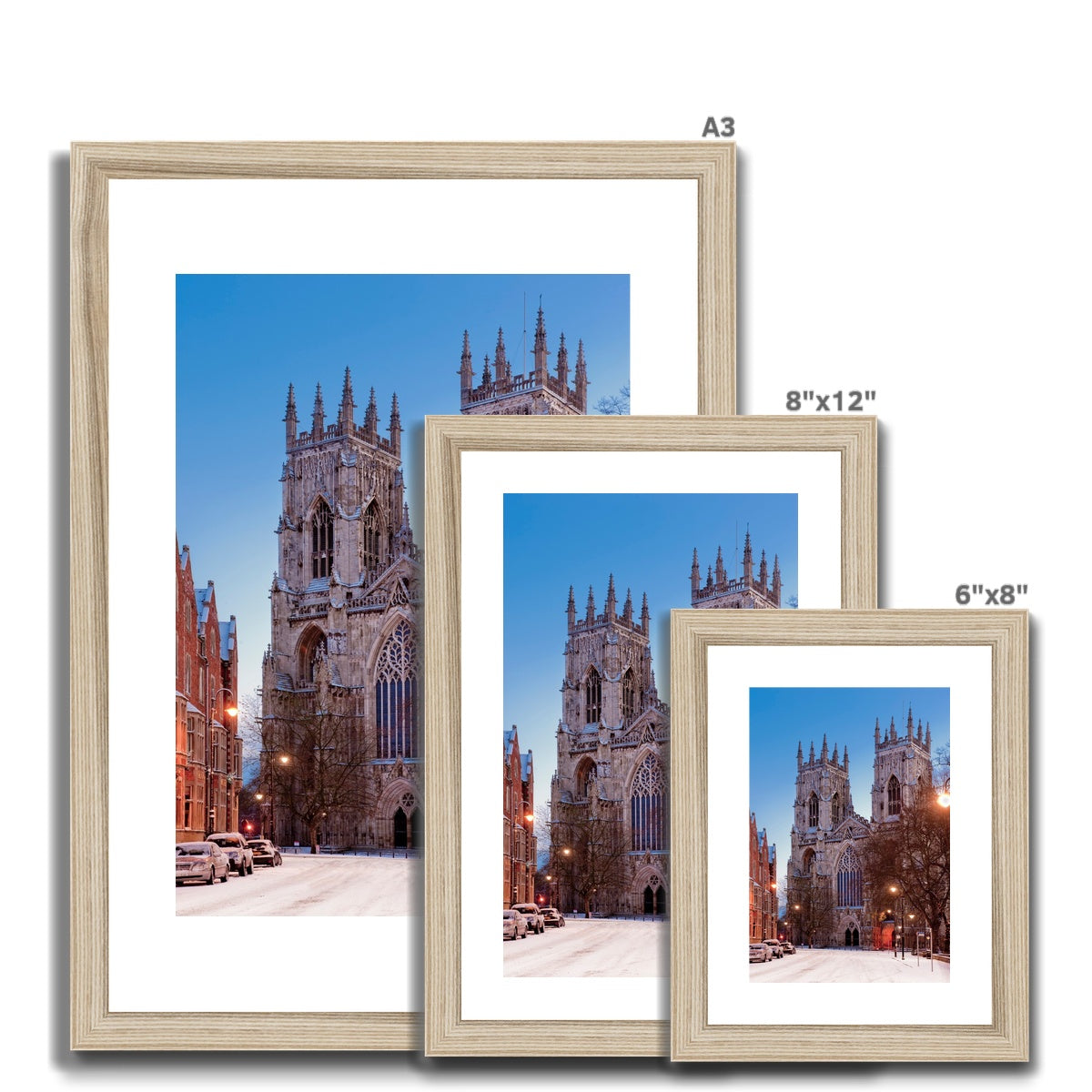 West front of York Minster and Duncombe Place in the snow, York, UK. Framed & Mounted Print