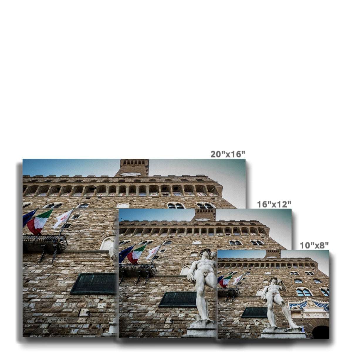 Statue of David overlooking Piazza della Signoria, with Palazzo Vecchio behind. Florence, Italy. Canvas