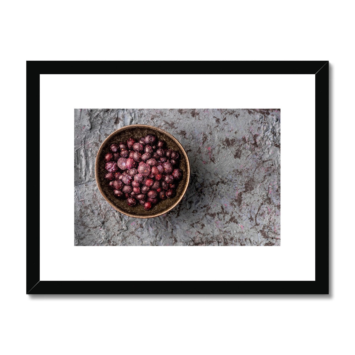 Flat lay: bowl of frozen blueberries  Framed & Mounted Print