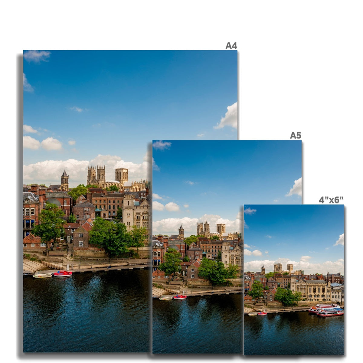 Moored boats on the River Ouse with the Guildhall and York Minster in the distance. York. UK Fine Art Print