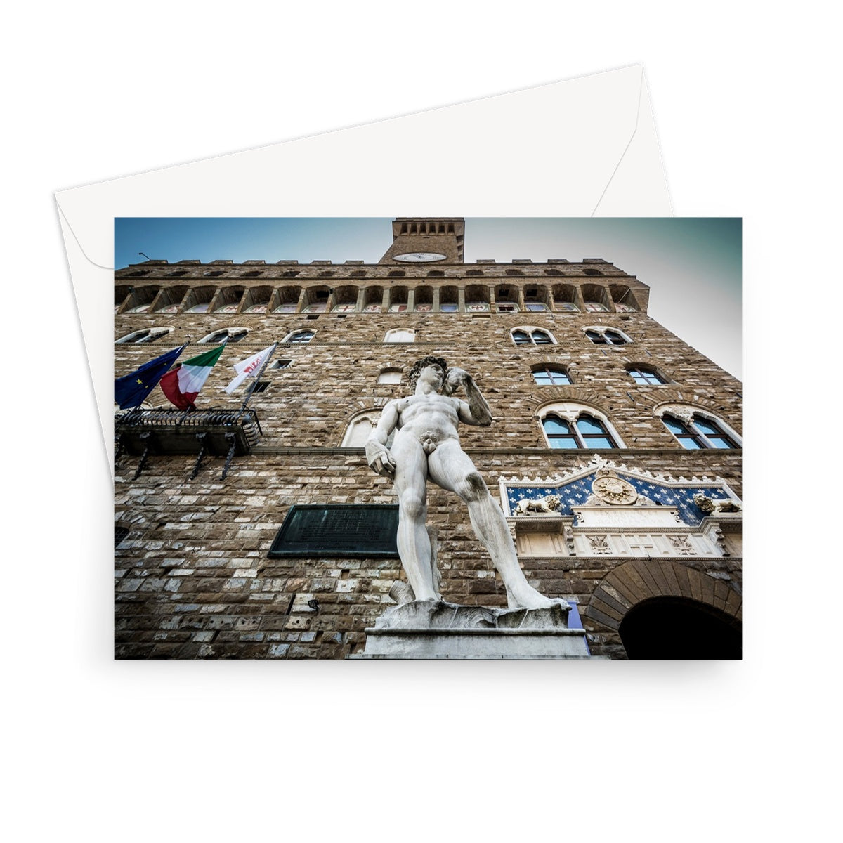 Statue of David overlooking Piazza della Signoria, with Palazzo Vecchio behind. Florence, Italy. Greeting Card