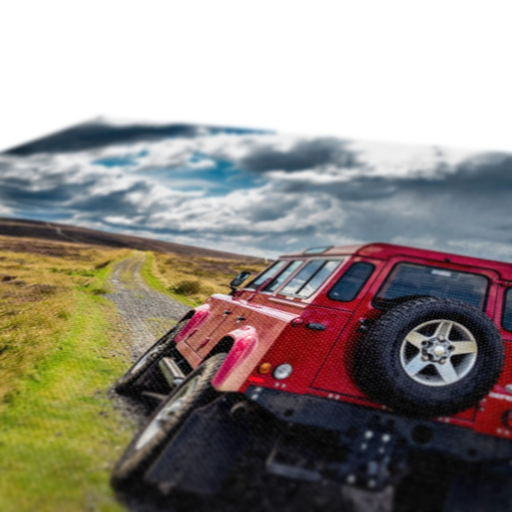 Red Land Rover Defender 110 4WD car navigating a Green Lane track, North Yorkshire Moors, UK. Canvas