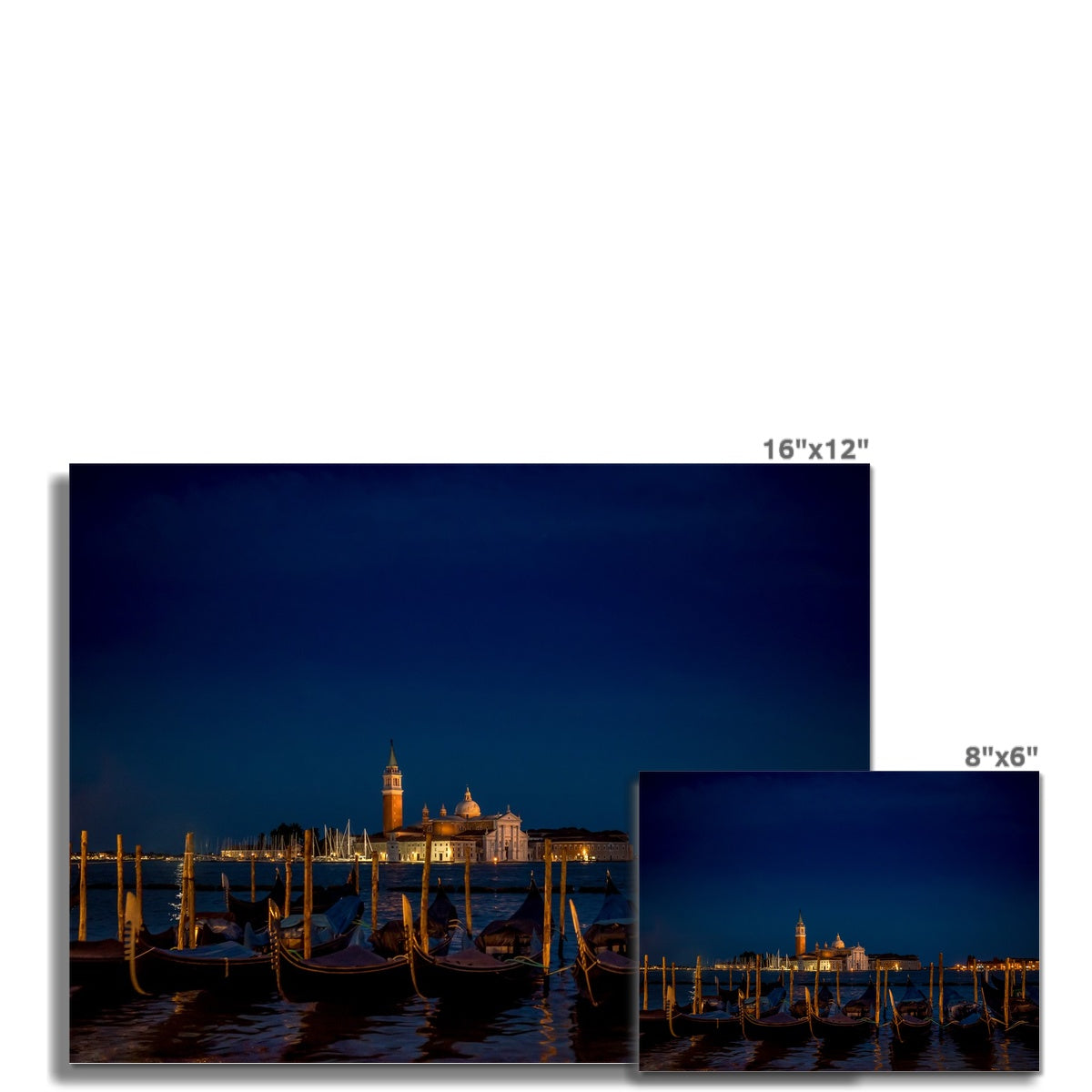 Gondolas moored in St Mark's Basin with San Giorgio Maggiore in the background at night, Venice, Italy. Fine Art Print
