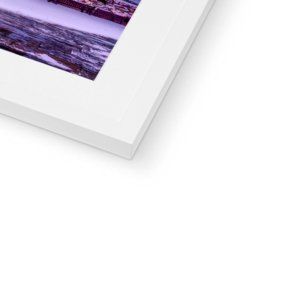 Whalebone Arch and view of Whitby Abbey in snow, Whitby, UK. Framed & Mounted Print