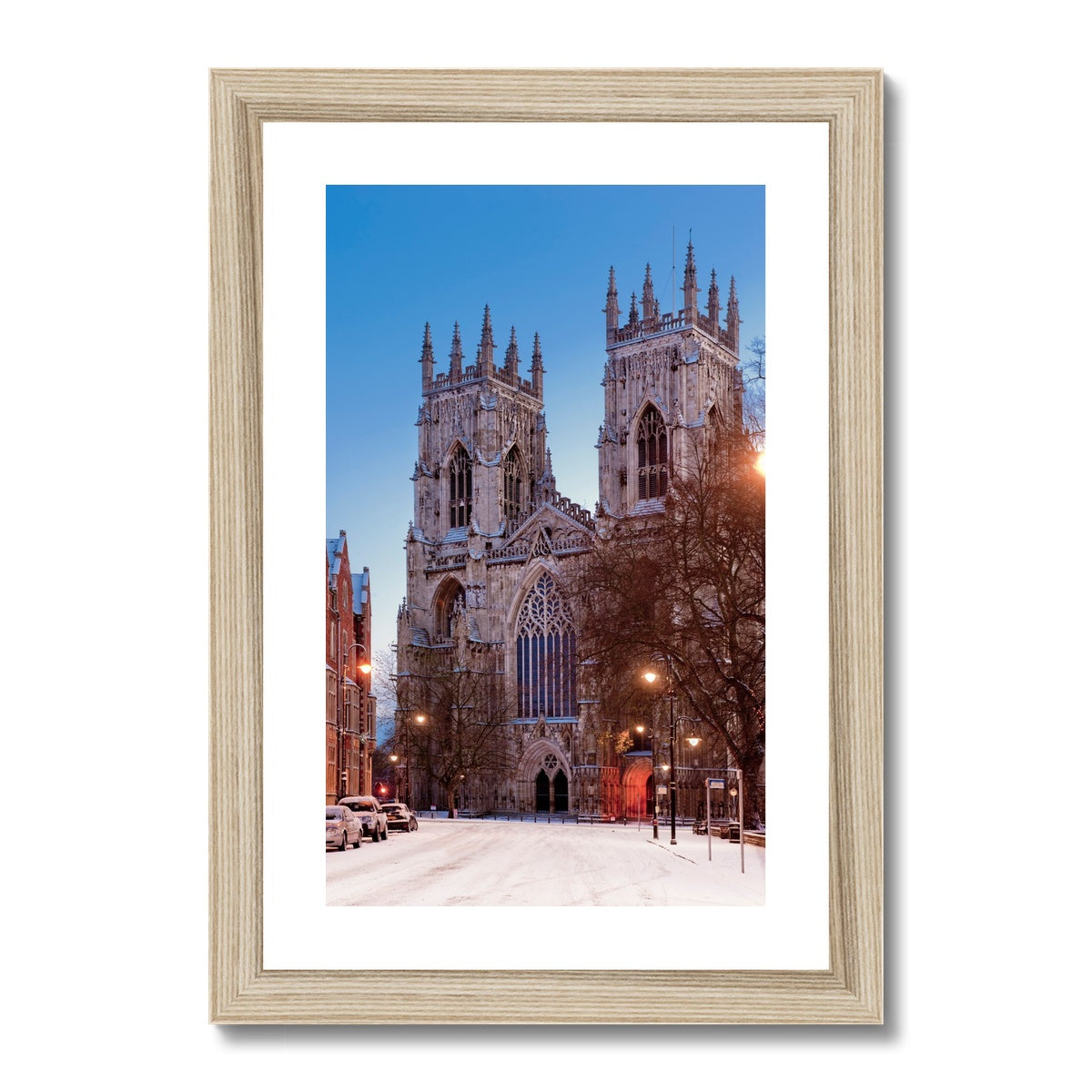 West front of York Minster and Duncombe Place in the snow, York, UK. Framed & Mounted Print