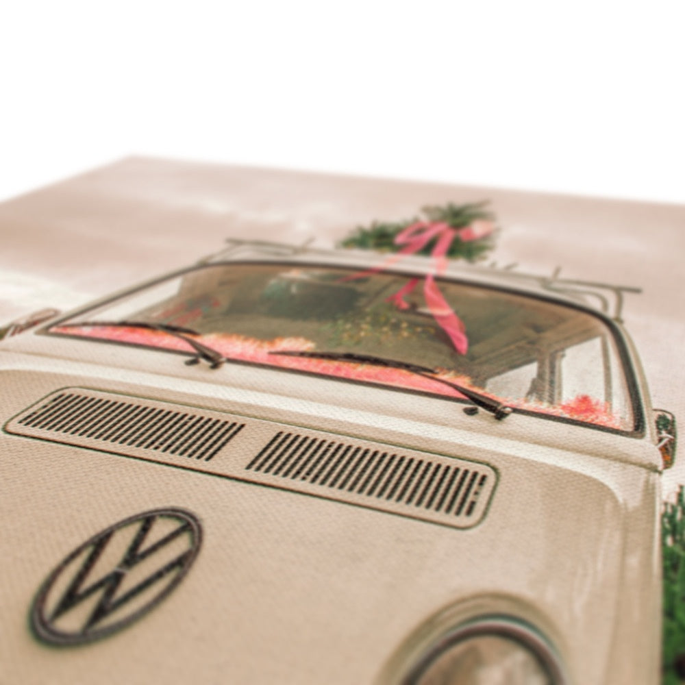 1972 VW Bay Window Campervan parked with with Christmas tree on roof. Canvas