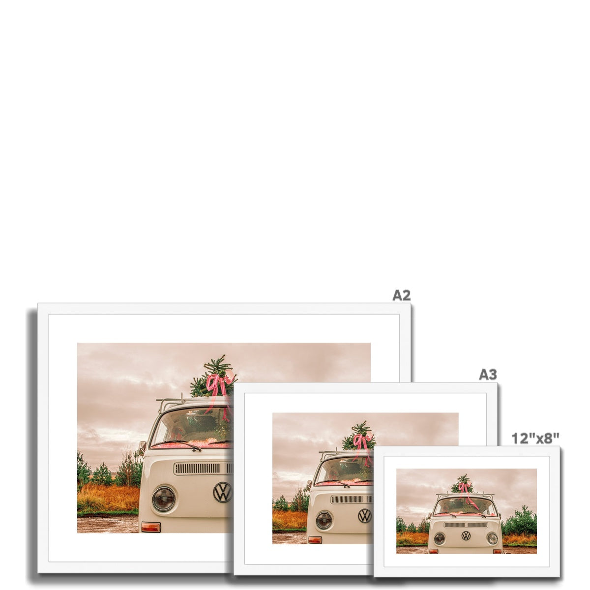 1972 VW Bay Window Campervan parked with with Christmas tree on roof. Framed & Mounted Print