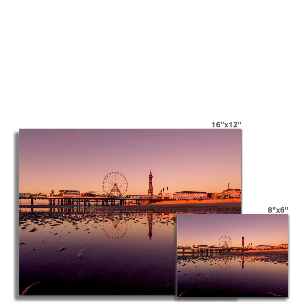 Blackpool Tower and Central Pier with beach reflections at sunset. Fine Art Print