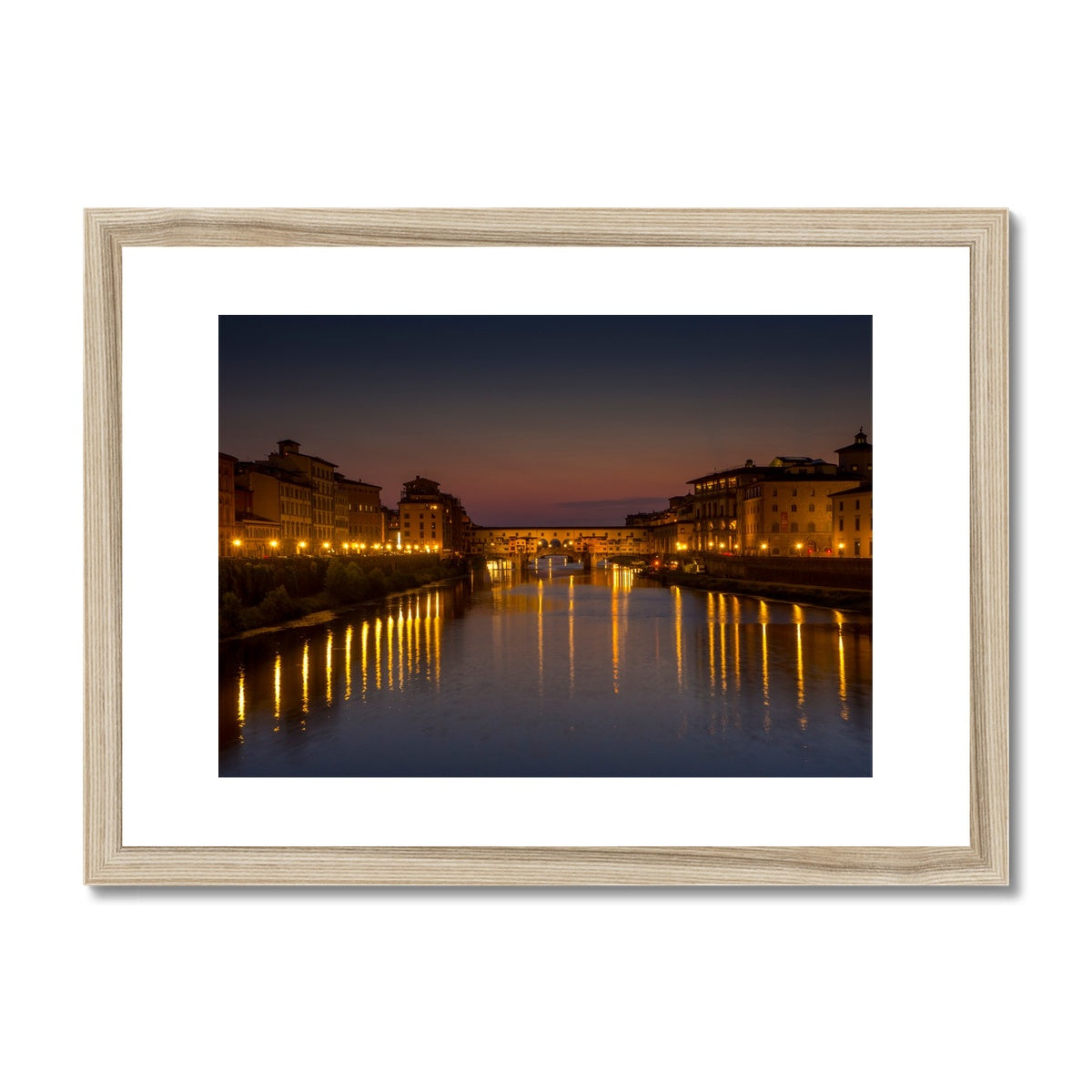 Ponte Vecchio at sunset and the river Arno. Florence, Italy. Framed & Mounted Print