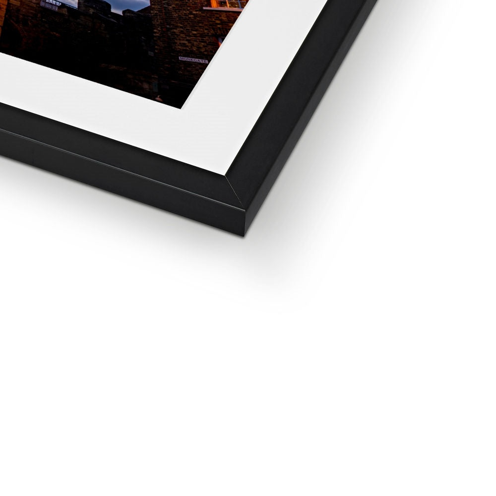 Monk Bar with illuminated Light Curtain for Christmas, York, UK. Framed & Mounted Print