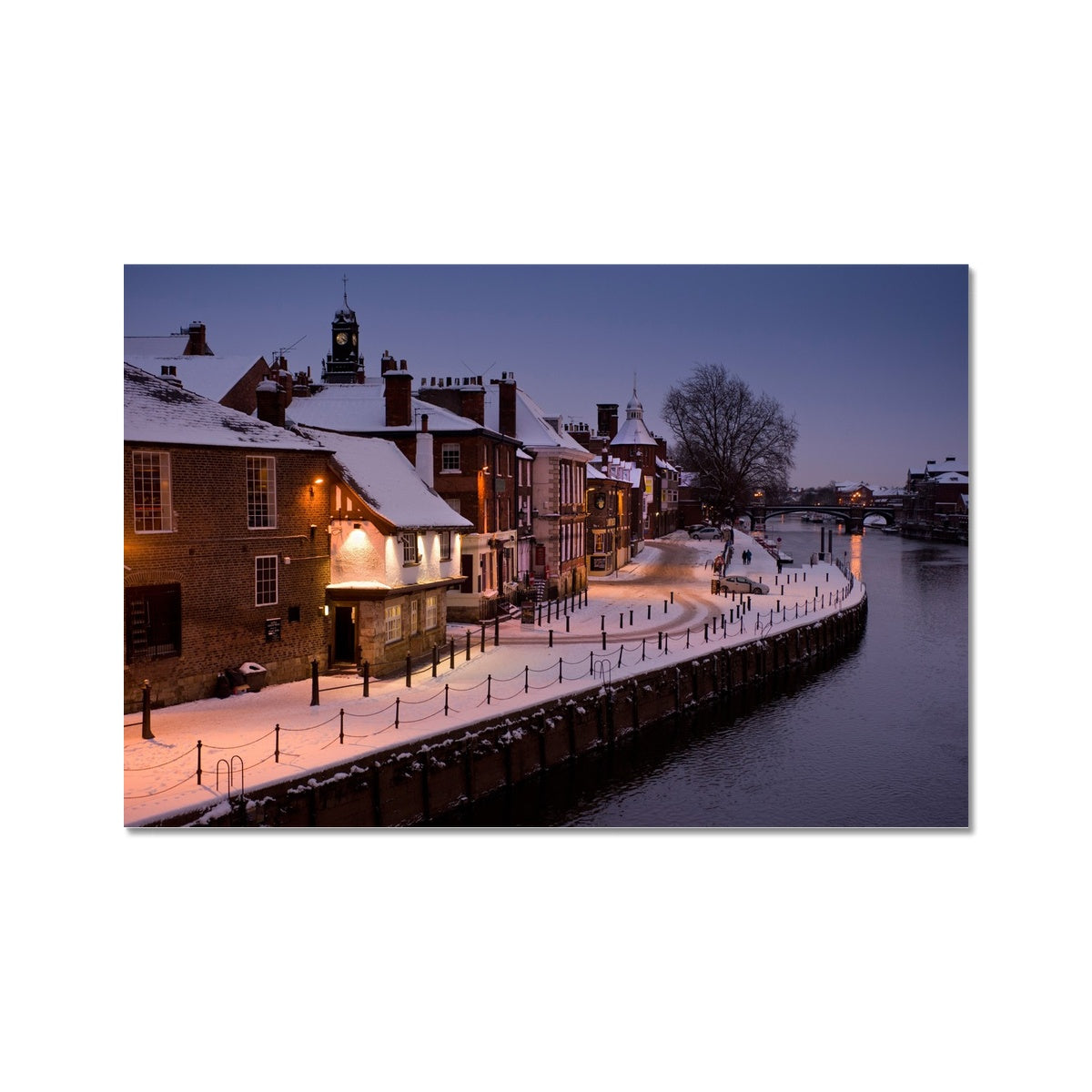 The Kings Arms pub and River Ouse in the snow at dusk, York, UK. Fine Art Print