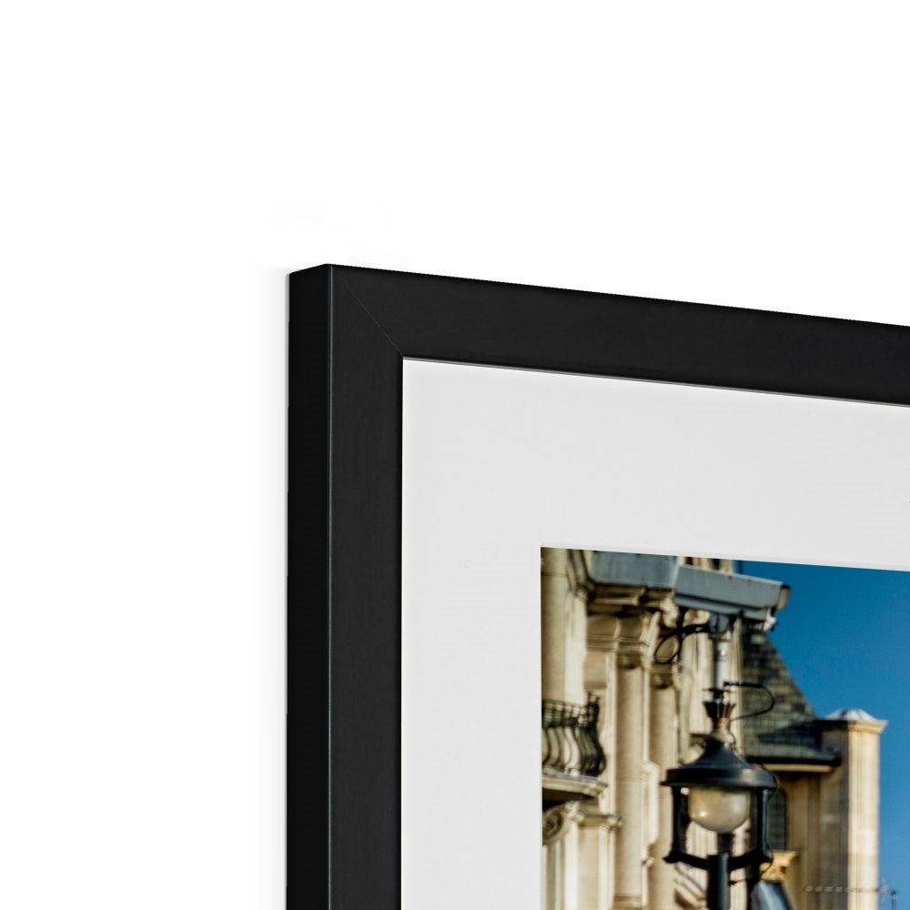 Lion statue in Trafalgar Square, with Big ben in background, London. Framed & Mounted Print