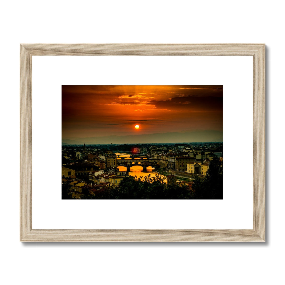 Ponte Vecchio at sunset and the river Arno. Florence, Italy. Framed & Mounted Print