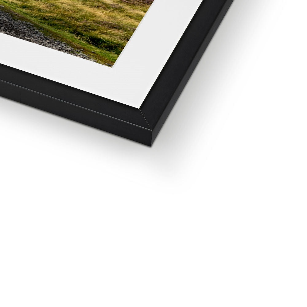 Red Land Rover Defender 110 4WD car navigating a Green Lane track, North Yorkshire Moors, UK. Framed & Mounted Print